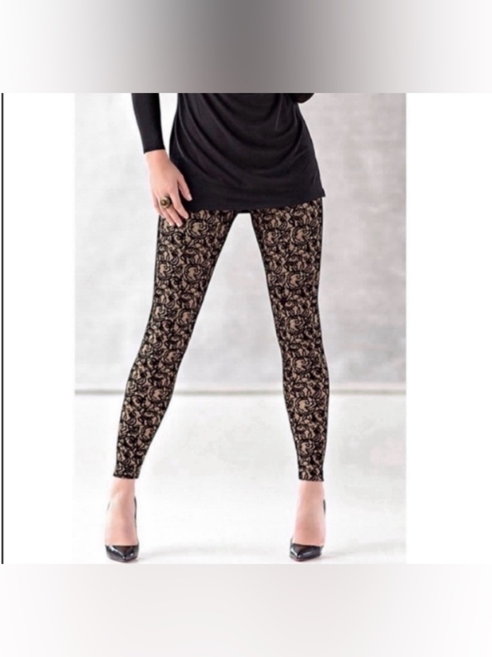 Lysse Leggings Flocked Black velvet lace pattern Size XS High Waist